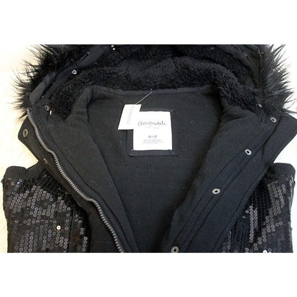 NWT Aeropostale Jrs Sz M Black Sequin Insulated Vest Removeable Faux Fur Trim - Picture 2 of 10
